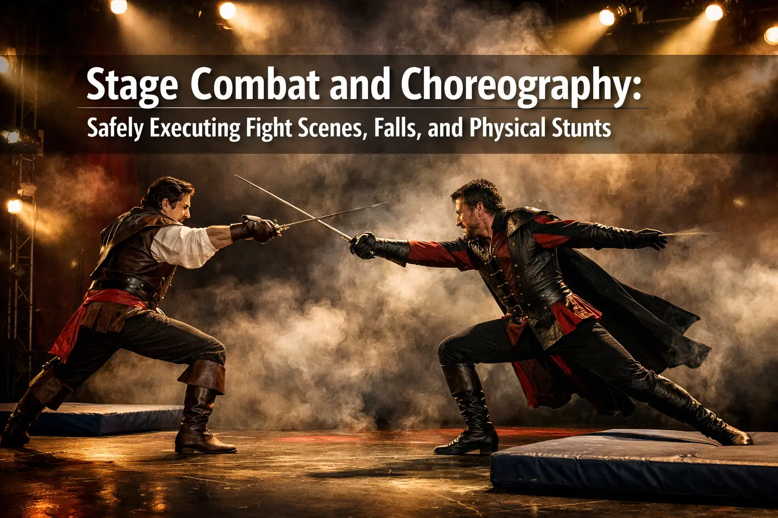 Professional landscape format (1536x1024) hero image featuring bold text overlay'Stage Combat and Choreography: Safely Executing Fight Scen