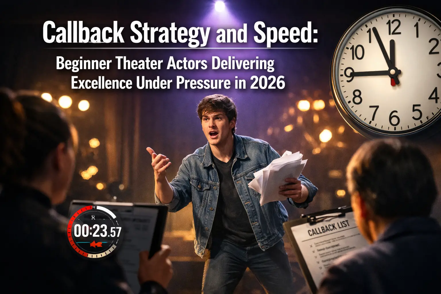 Professional landscape format (1536x1024) hero image featuring bold text overlay 'Callback Strategy and Speed: Beginner Theater Actors Deliv