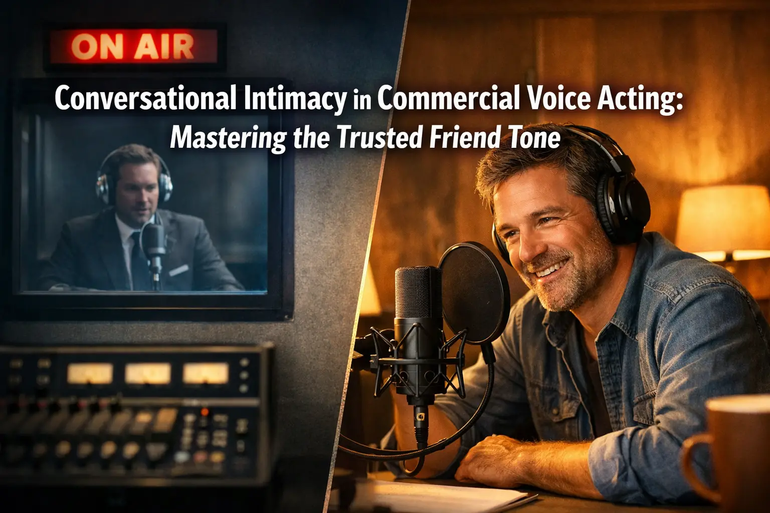 Professional landscape format (1536x1024) editorial hero image with bold text overlay 'Conversational Intimacy in Commercial Voice Acting: M