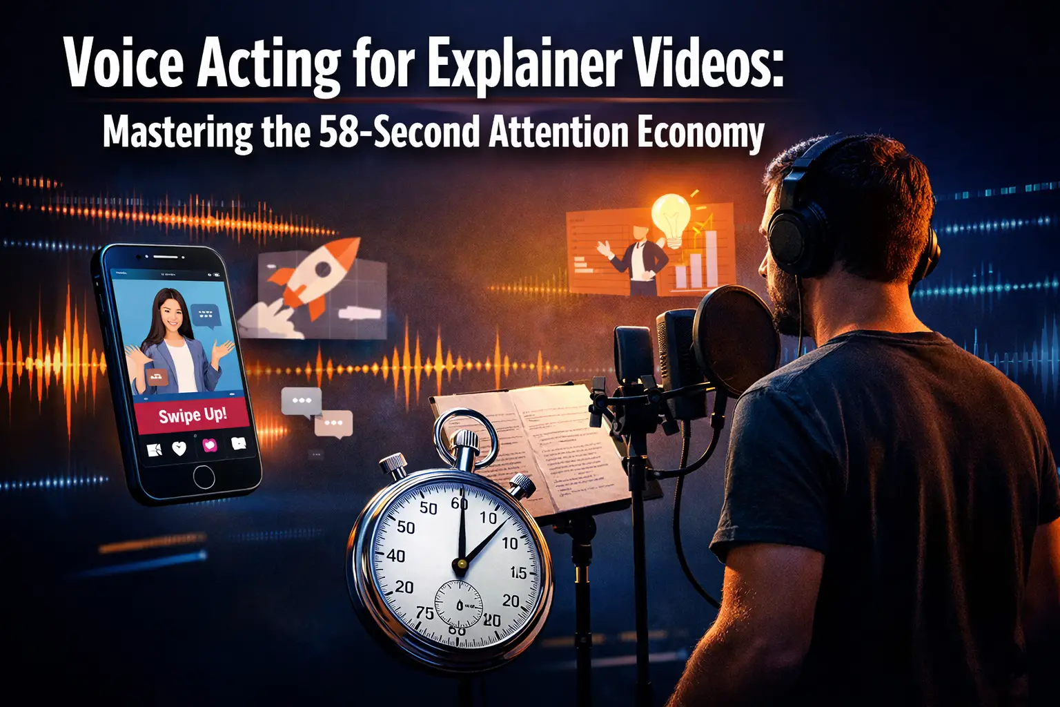 Professional landscape format (1536x1024) hero image featuring bold text overlay 'Voice Acting for Explainer Videos: Mastering the 58-Second
