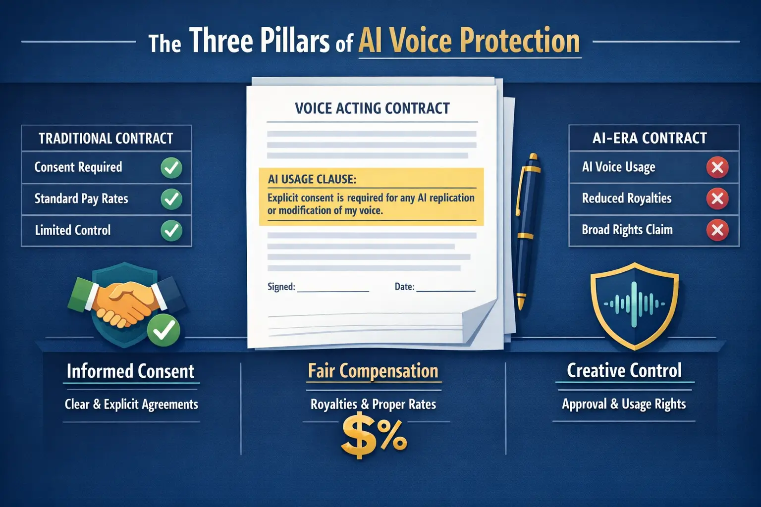Landscape format (1536x1024) detailed infographic showing three pillars of AI voice protection in voice acting contracts: informed consent (