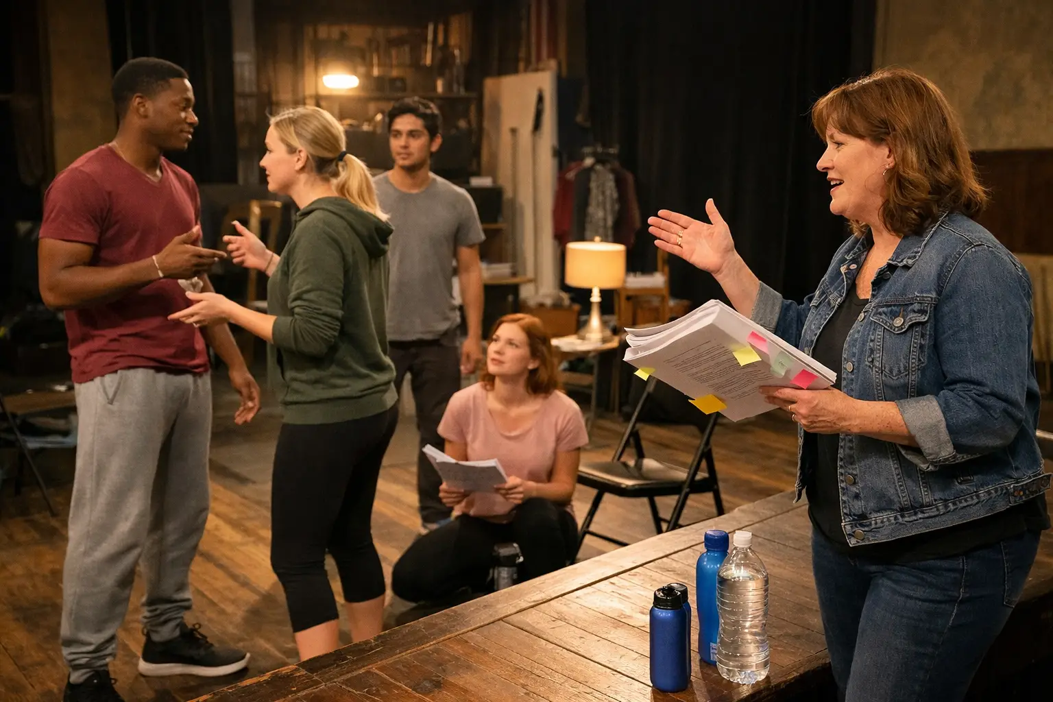 Landscape format (1536x1024) editorial image showing diverse group of beginning actors rehearsing on community theater stage, director givin