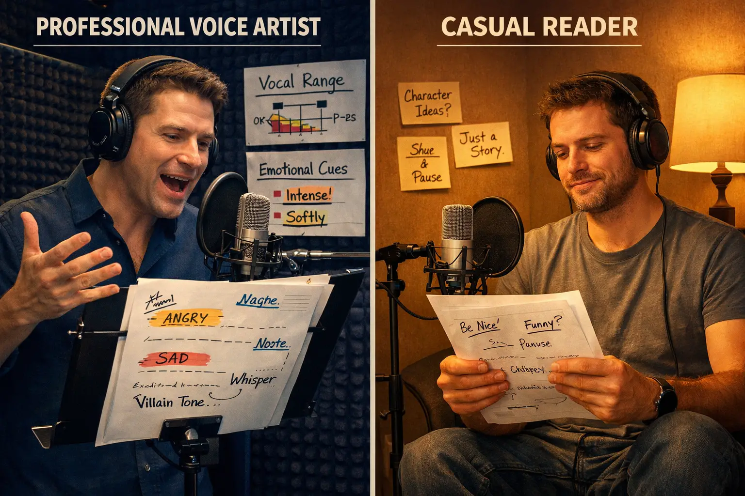 Landscape format (1536x1024) editorial image showing split-screen comparison of professional voice artist versus casual reader, left side fe