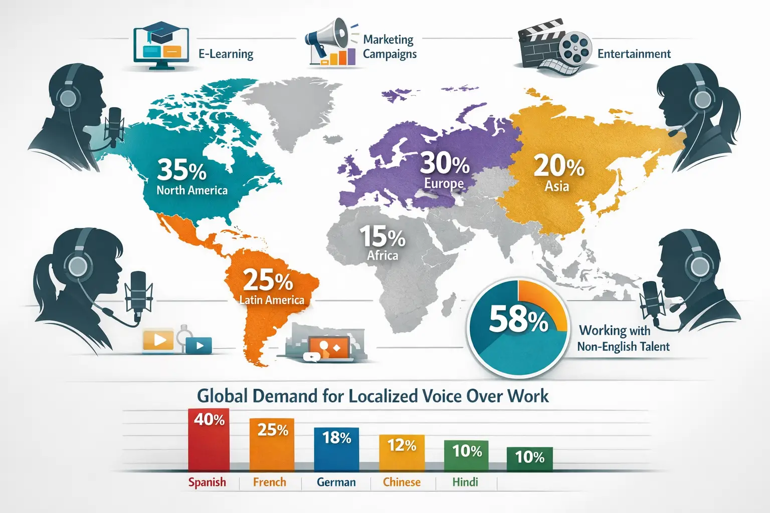 Landscape format (1536x1024) detailed infographic showing the global demand for localized voice over work, featuring a world map with highli