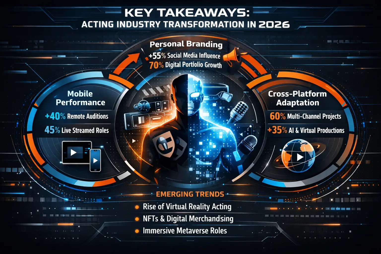 Key Takeaways infographic visualizing acting industry transformation in 2026, featuring a dynamic circular diagram with interconnected trend