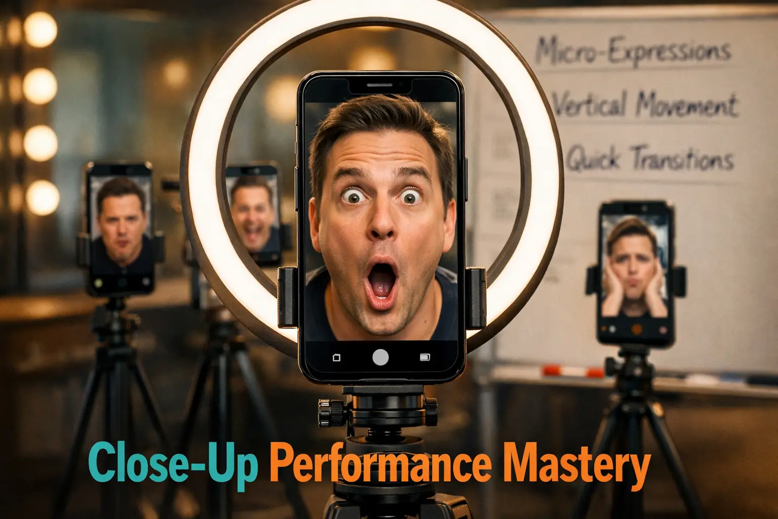 Landscape format (1536x1024) editorial image showing professional actor training session for vertical video performance. Close-up view of sm