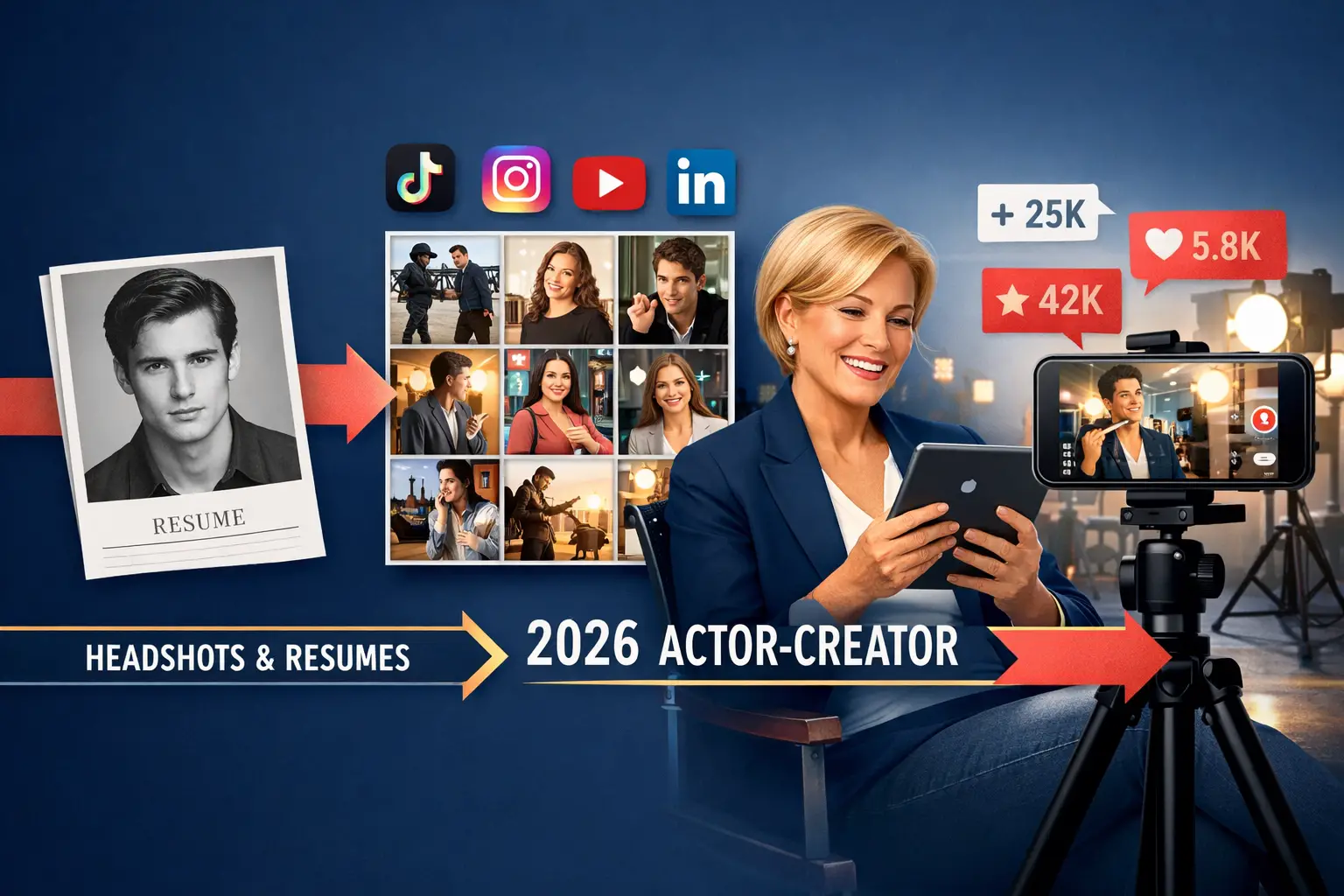 Landscape format (1536x1024) editorial illustration showing the evolution of acting careers in 2026, featuring a timeline infographic from t
