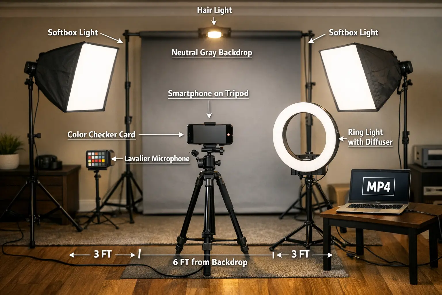 Detailed landscape format (1536x1024) image showing professional home self-tape studio setup with labeled equipment including softbox lights