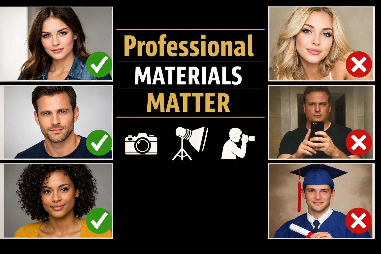 Landscape format (1536x1024) editorial image showing comparison grid of professional headshots versus amateur headshots for actors. Left col