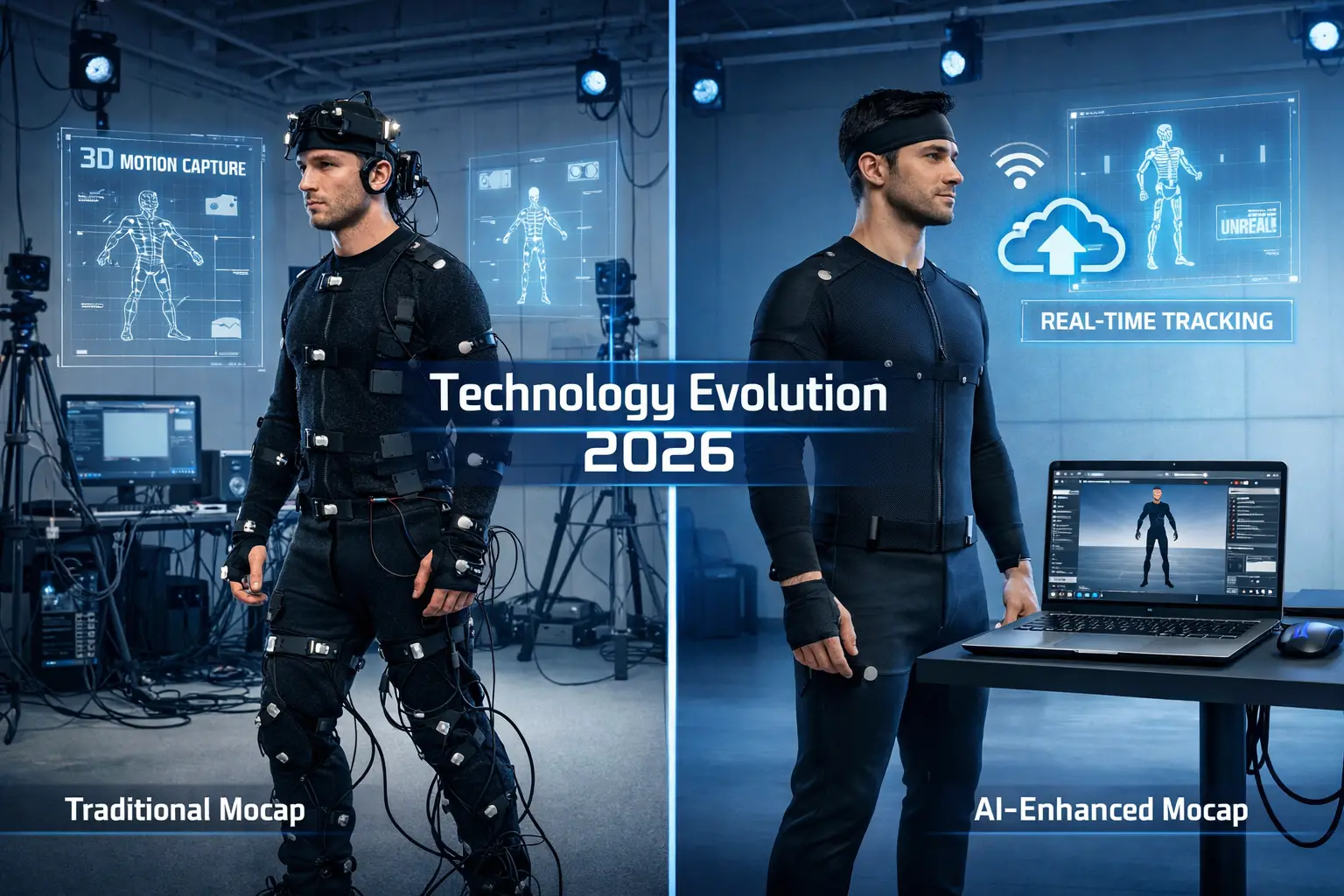 Landscape format (1536x1024) detailed image showing split-screen comparison of motion capture technology evolution. Left side: traditional m