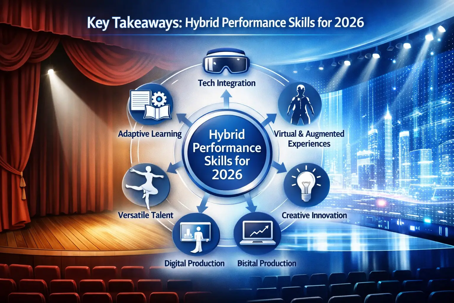 Key Takeaways section infographic visualizing 'Hybrid Performance Skills for 2026': Split-screen design showing traditional theater stage on