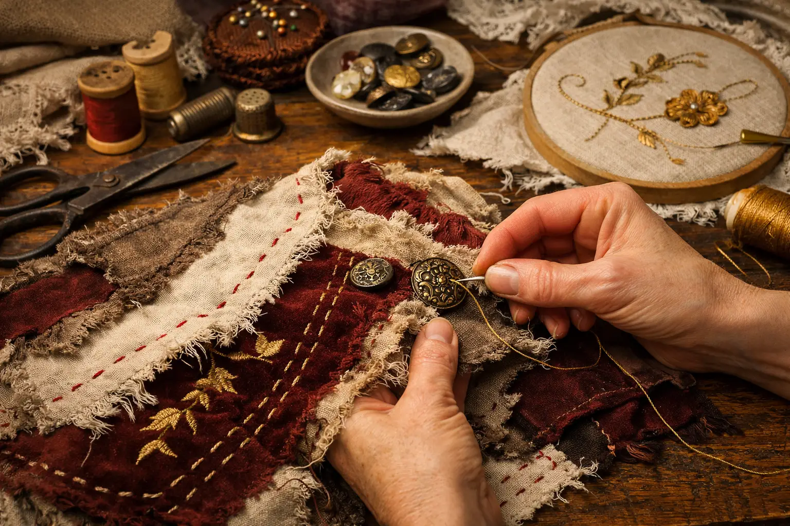 Landscape format (1536x1024) detailed image showing close-up of wabi-sabi inspired costume crafting techniques on wooden work table. Feature
