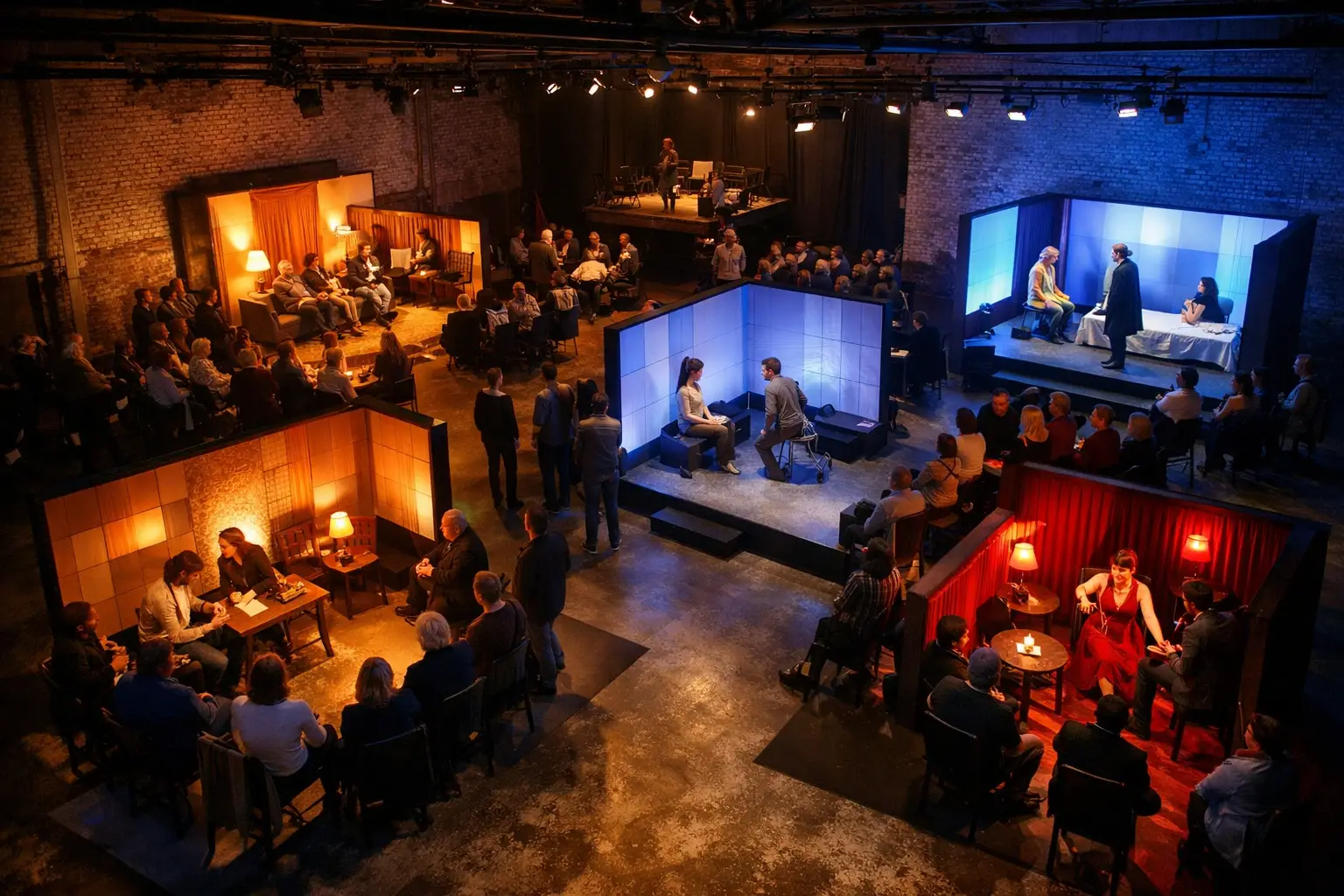 Landscape format (1536x1024) editorial image showing aerial view of microspace theater configuration with multiple small performance areas c