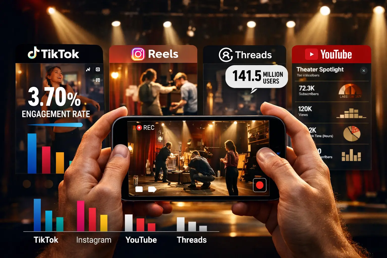 Landscape format (1536x1024) editorial image showing modern smartphone displaying multiple social media platforms side-by-side: TikTok with