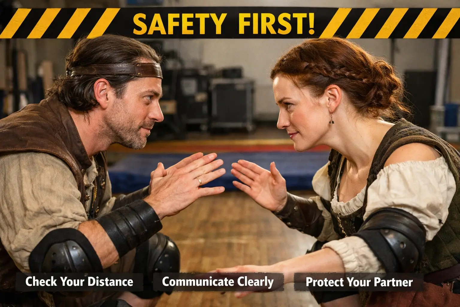 Landscape format (1536x1024) editorial image showing close-up of two actors' faces making direct eye contact before beginning stage combat s
