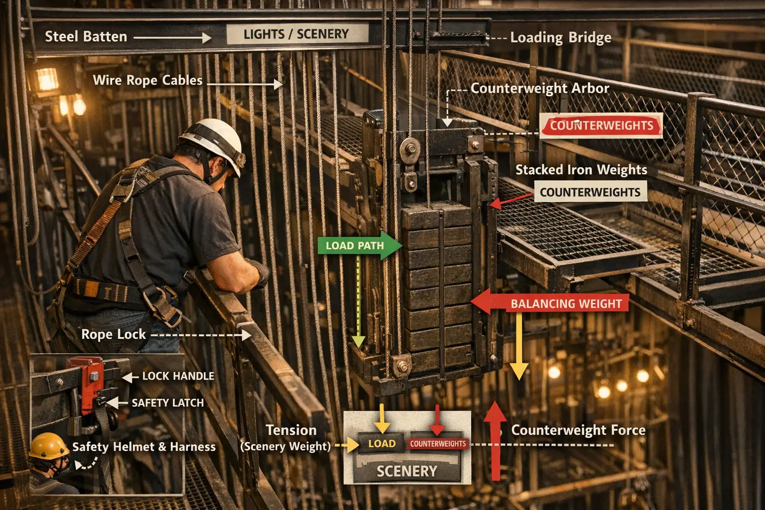 Detailed landscape format (1536x1024) image showing close-up view of professional theater rigging system components including labeled steel