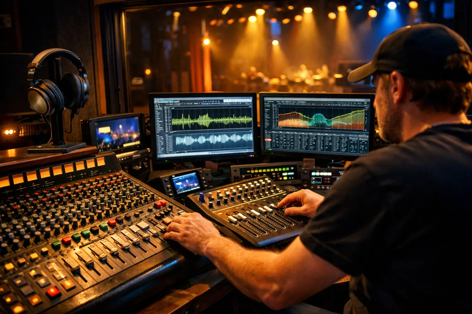 Detailed landscape format (1536x1024) image showing modern theater sound control booth with professional sound designer at digital audio wor