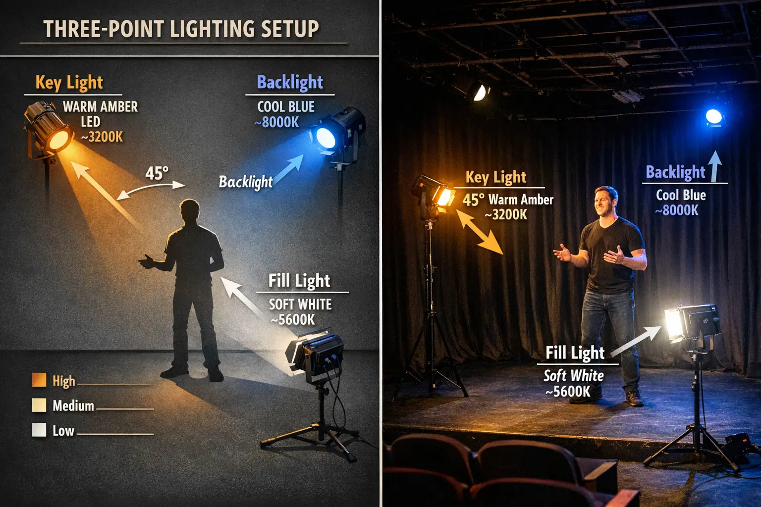 Detailed landscape format (1536x1024) image showing three-point lighting setup diagram overlaid on actual small theater stage with labeled k