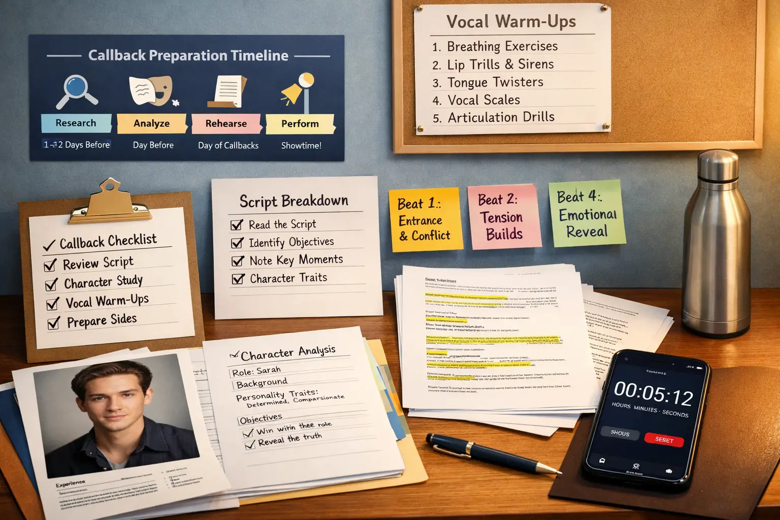 Landscape format (1536x1024) image showing organized preparation workspace for theater callbacks with script breakdown sheets, character ana