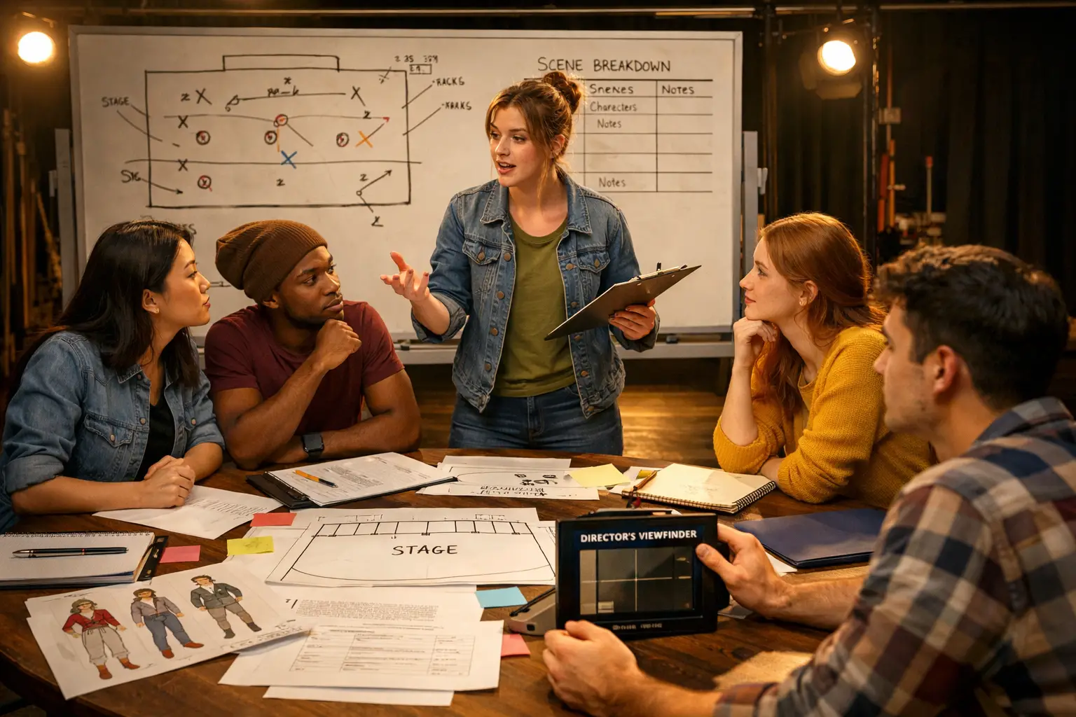 Landscape format (1536x1024) image showing student actors in a collaborative workshop setting, gathered around a table covered with scripts,