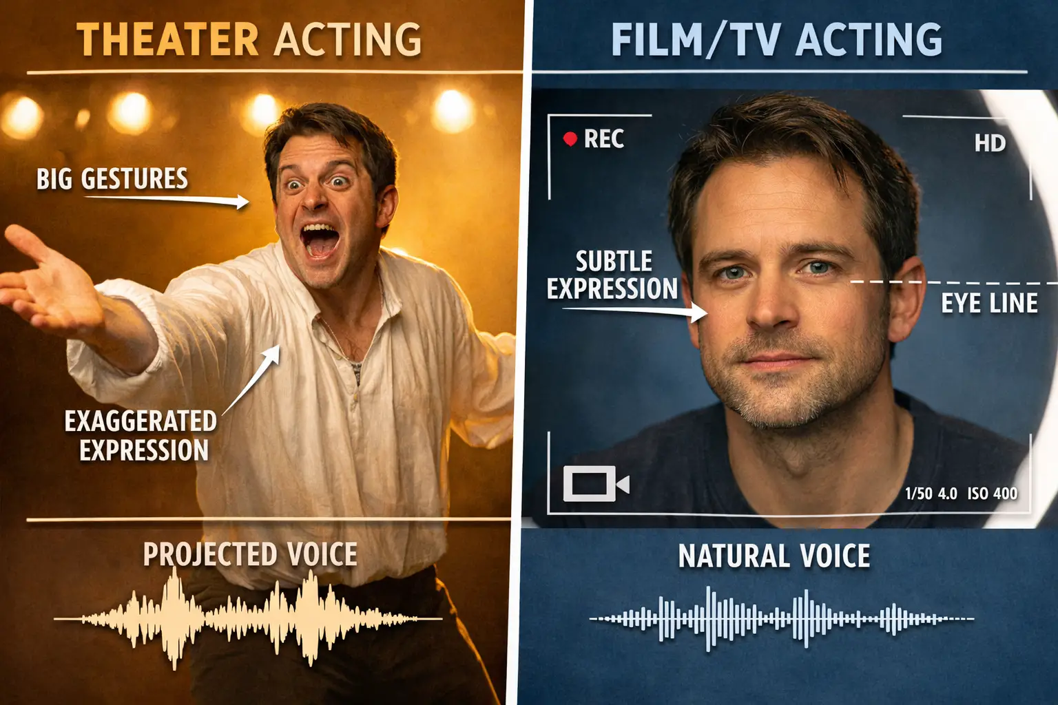Landscape format (1536x1024) editorial image showing close-up comparison of theater versus screen acting techniques. Split composition: left