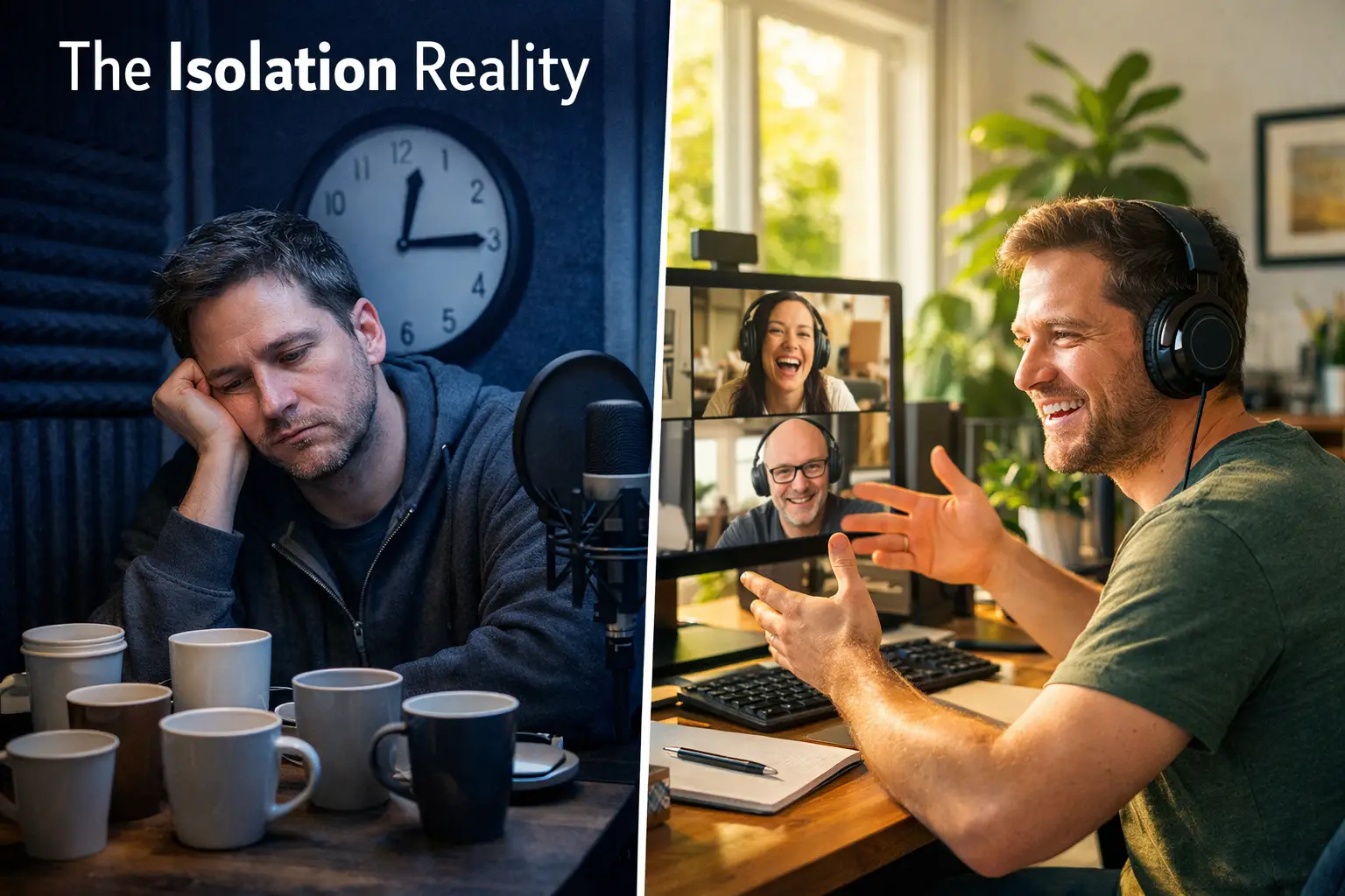 Landscape format (1536x1024) editorial image showing a split-screen composition: left side depicts a voice actor alone in a dimly lit home s