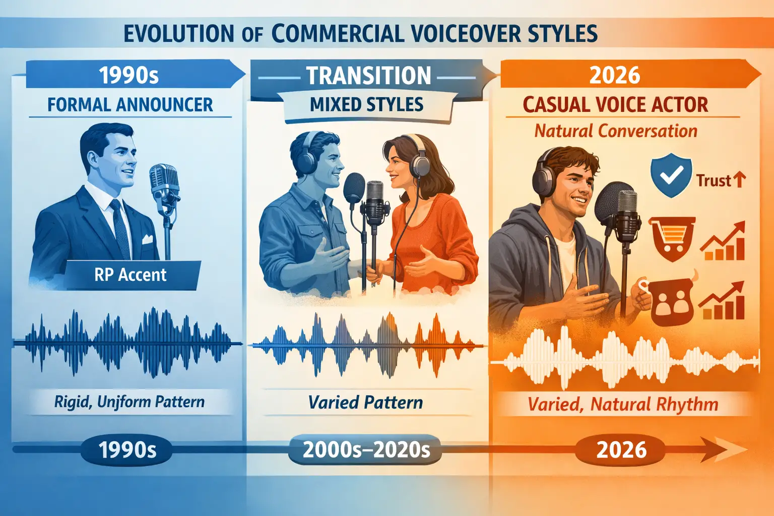 Landscape format (1536x1024) detailed illustration showing evolution timeline of commercial voice acting styles from 1990s to 2026. Left sid