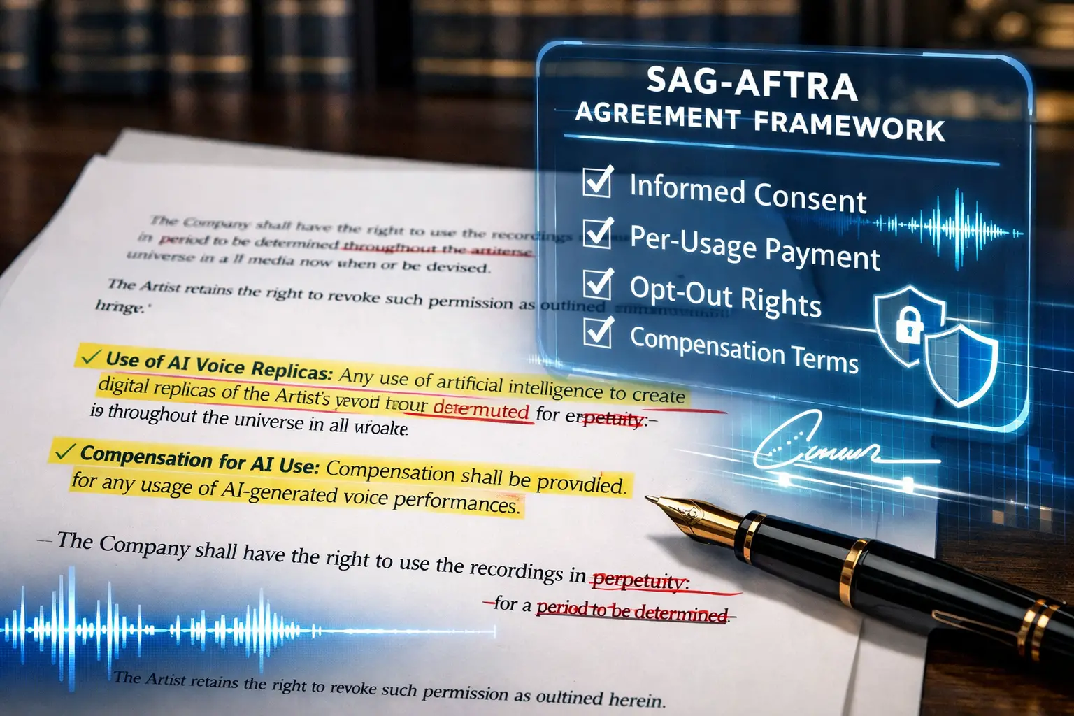 Landscape format (1536x1024) editorial image showing close-up of professional contract document with highlighted AI voice licensing clauses,