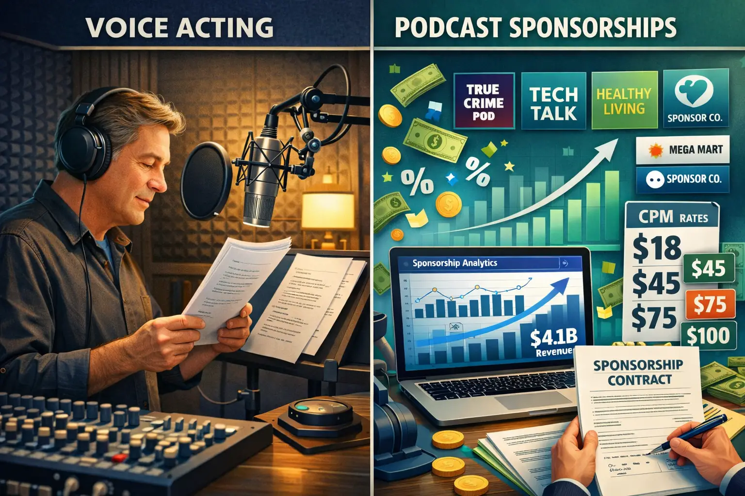 Detailed landscape format (1536x1024) image showing split-screen comparison of traditional voice acting versus podcast sponsorship opportuni