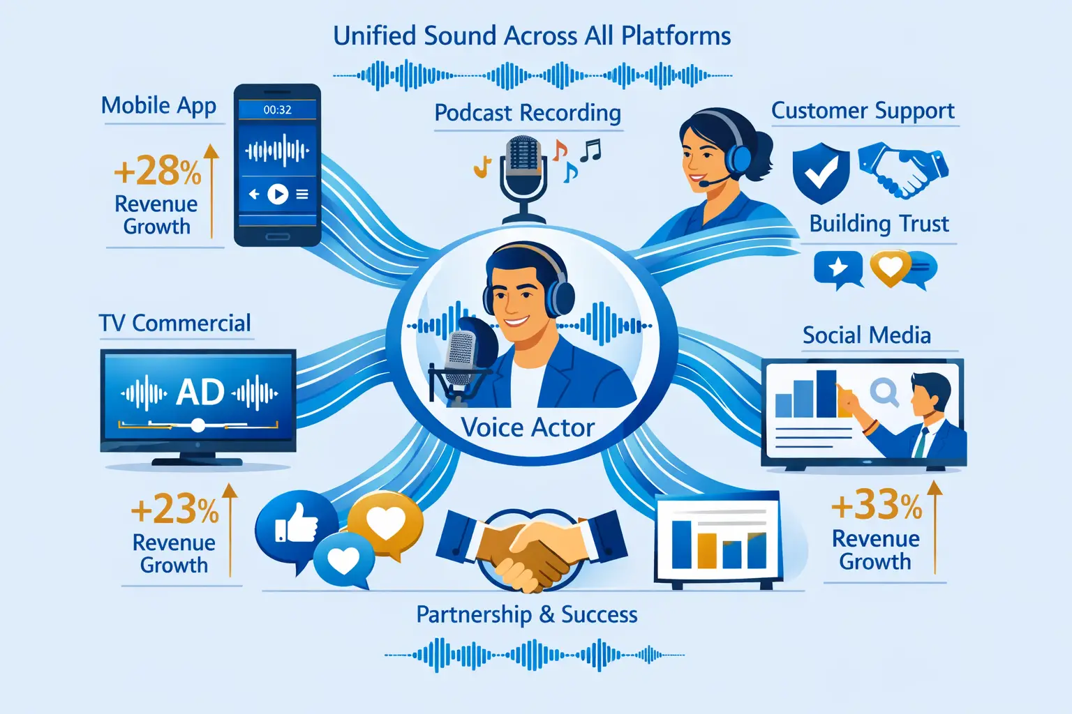 Landscape format (1536x1024) illustration showing interconnected platform ecosystem with voice actor at center, radiating connections to mul