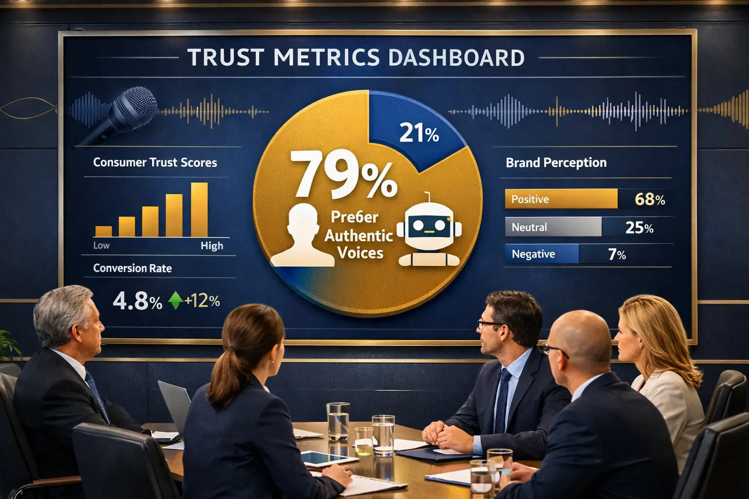 Detailed landscape format (1536x1024) illustration showing business executives in modern boardroom reviewing trust metrics dashboard on larg