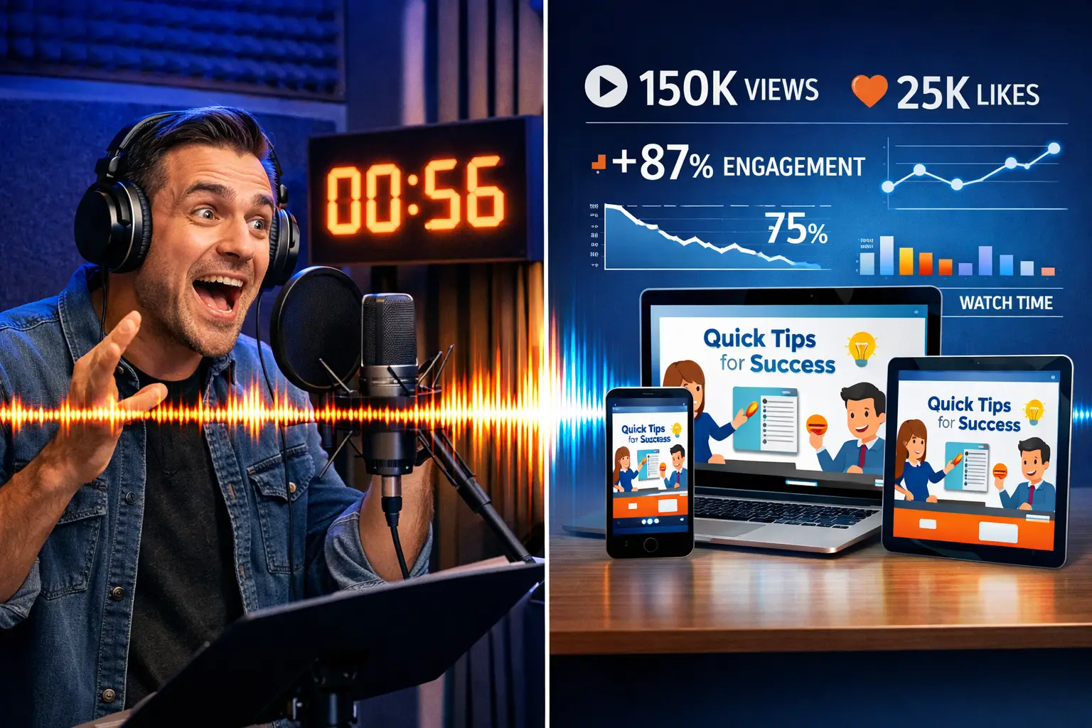 Landscape format (1536x1024) editorial image showing split-screen composition: left side displays voice actor's energetic facial expressions