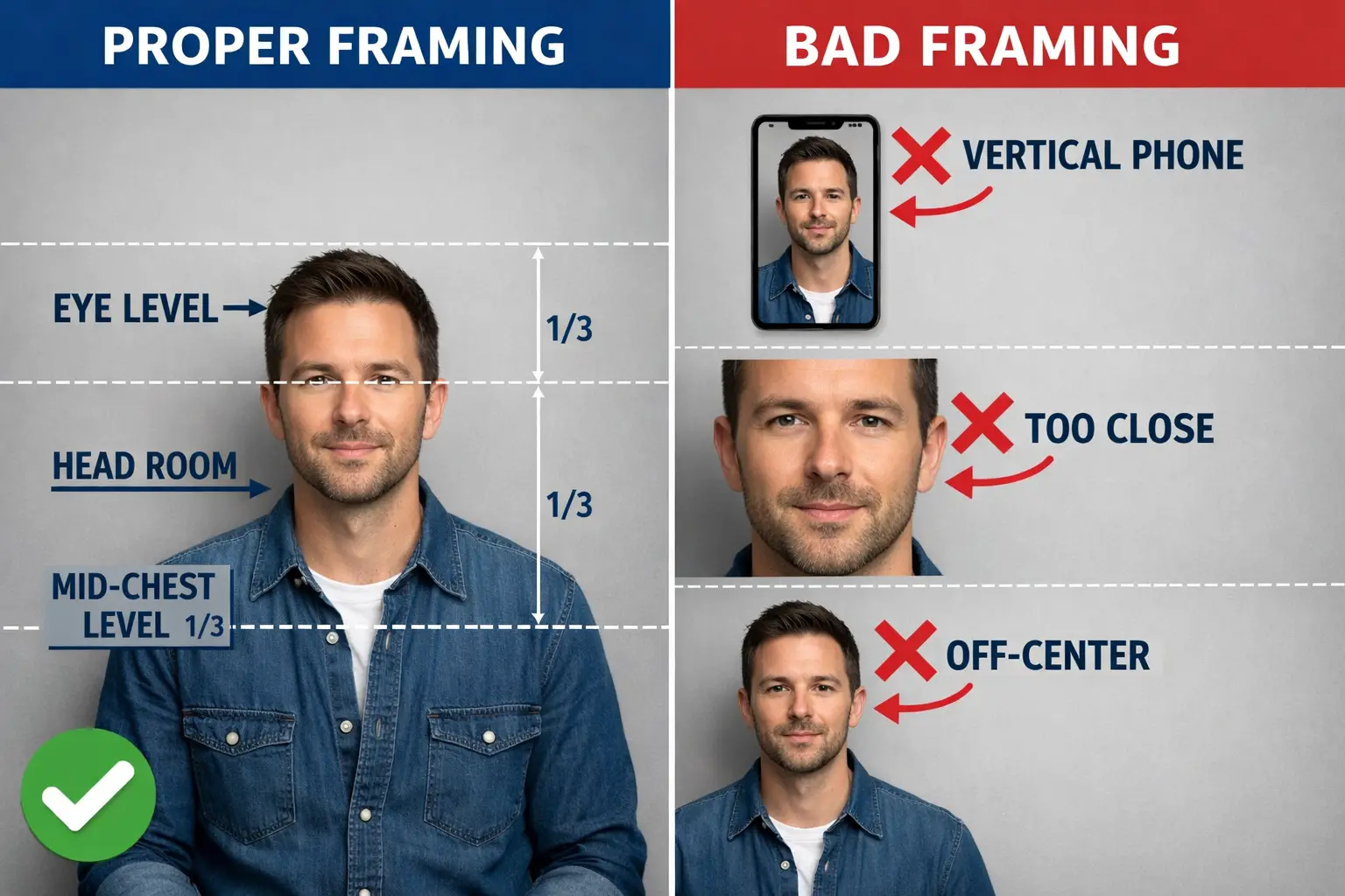 Detailed landscape format (1536x1024) image showing split-screen comparison of proper self-tape framing techniques. Left side displays corre