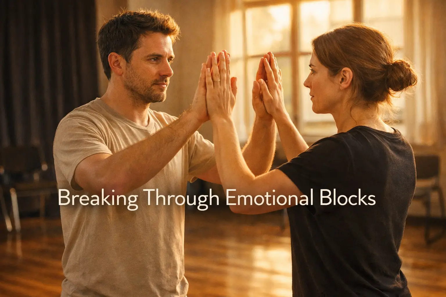 Landscape format (1536x1024) editorial image showing actor in rehearsal studio performing mirror exercise with partner, both in neutral clot