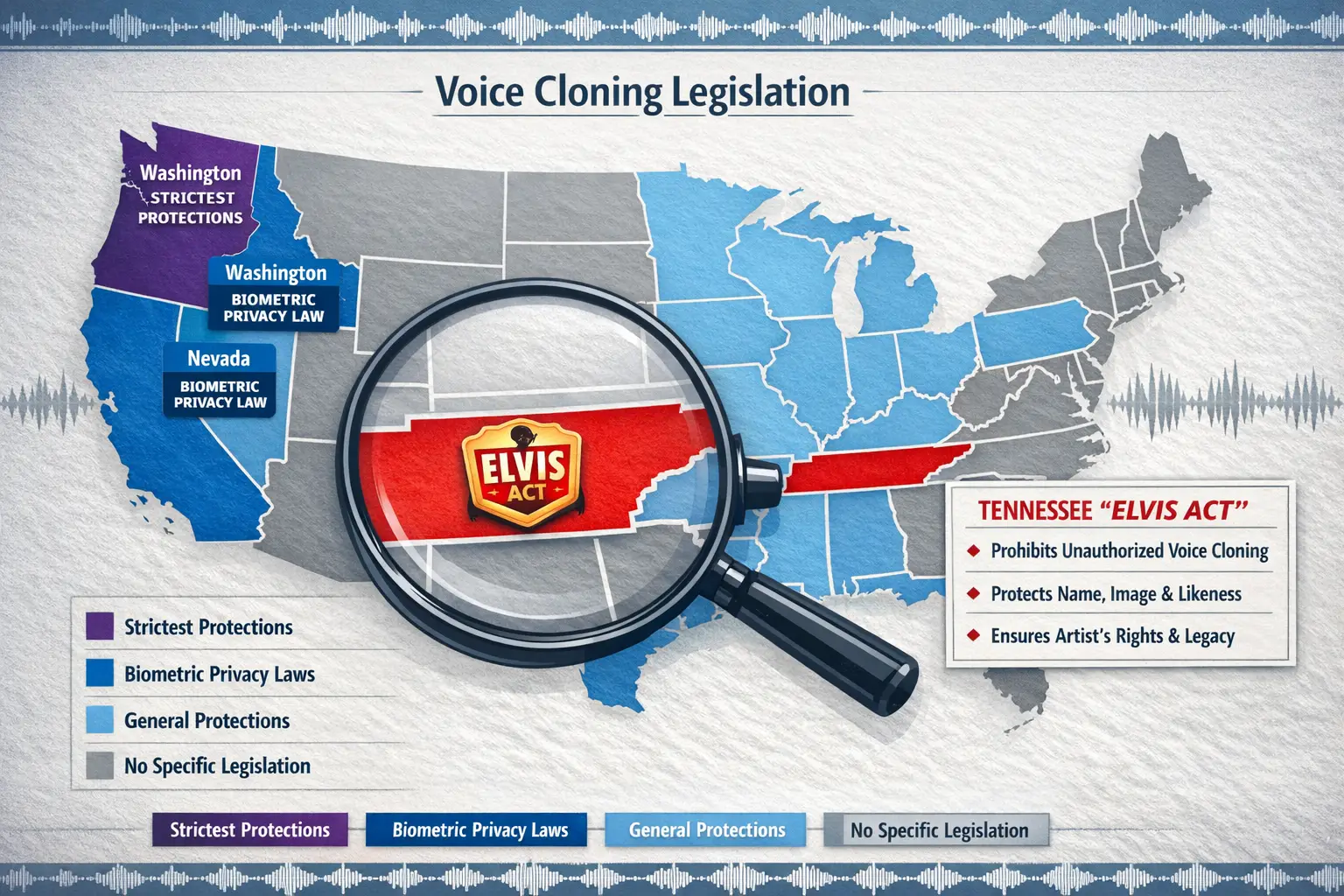 Detailed landscape format (1536x1024) illustration showing United States map with individual states color-coded by voice cloning legislation