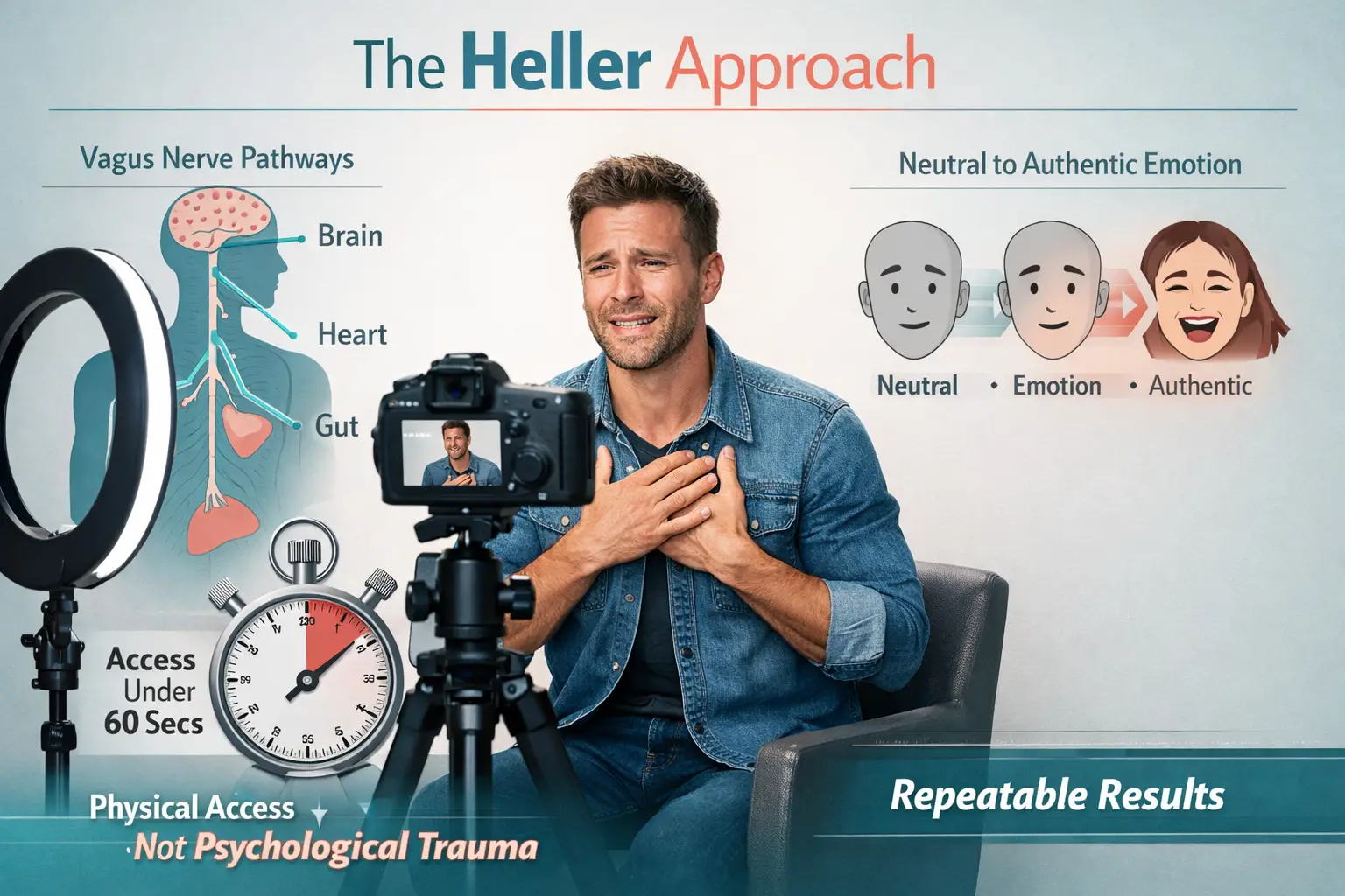 Landscape format (1536x1024) detailed illustration showing the Heller Approach methodology in action: professional actor in self-tape setup