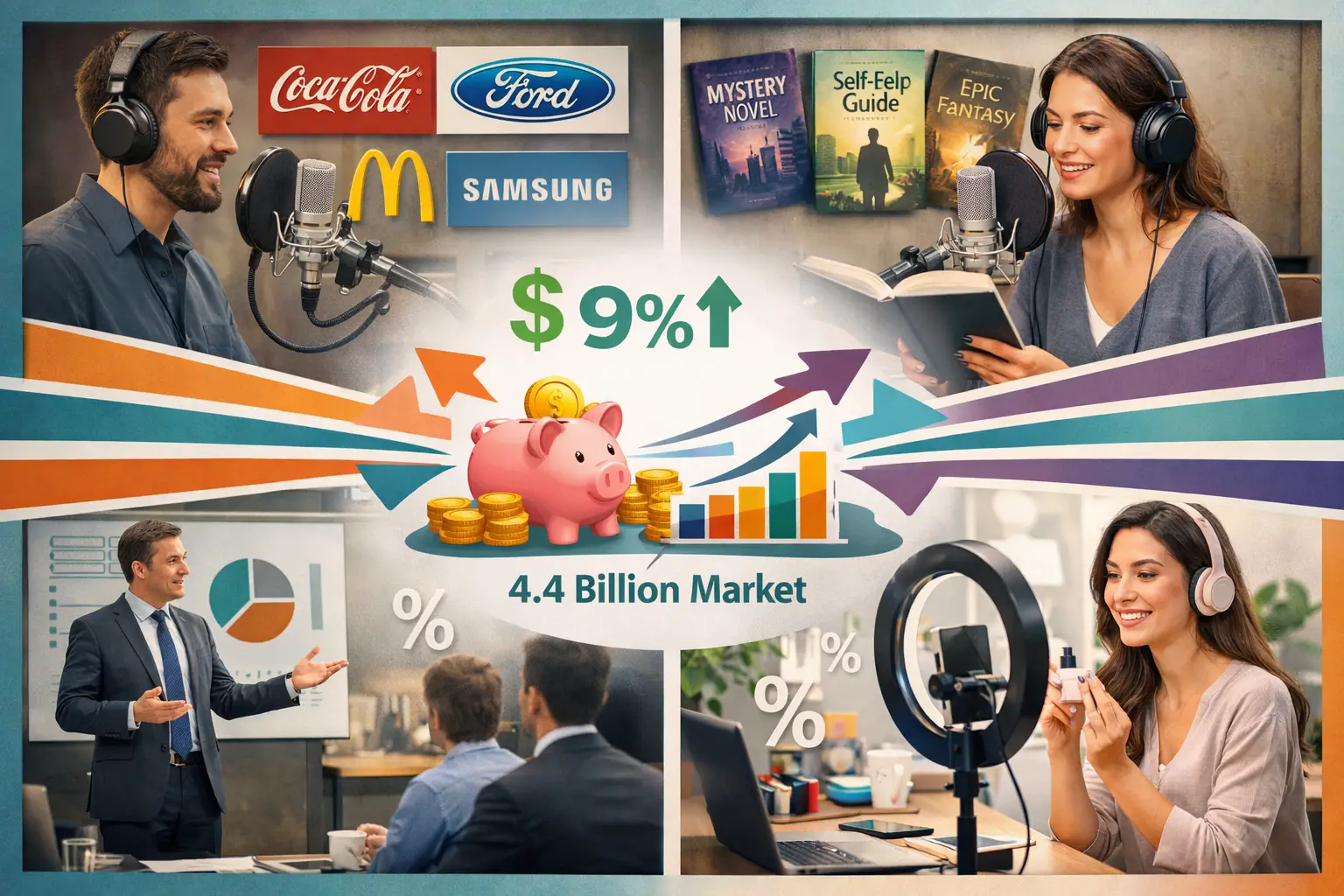 Detailed landscape format (1536x1024) image showing diverse revenue stream concept for voice actors. Split-screen composition featuring four