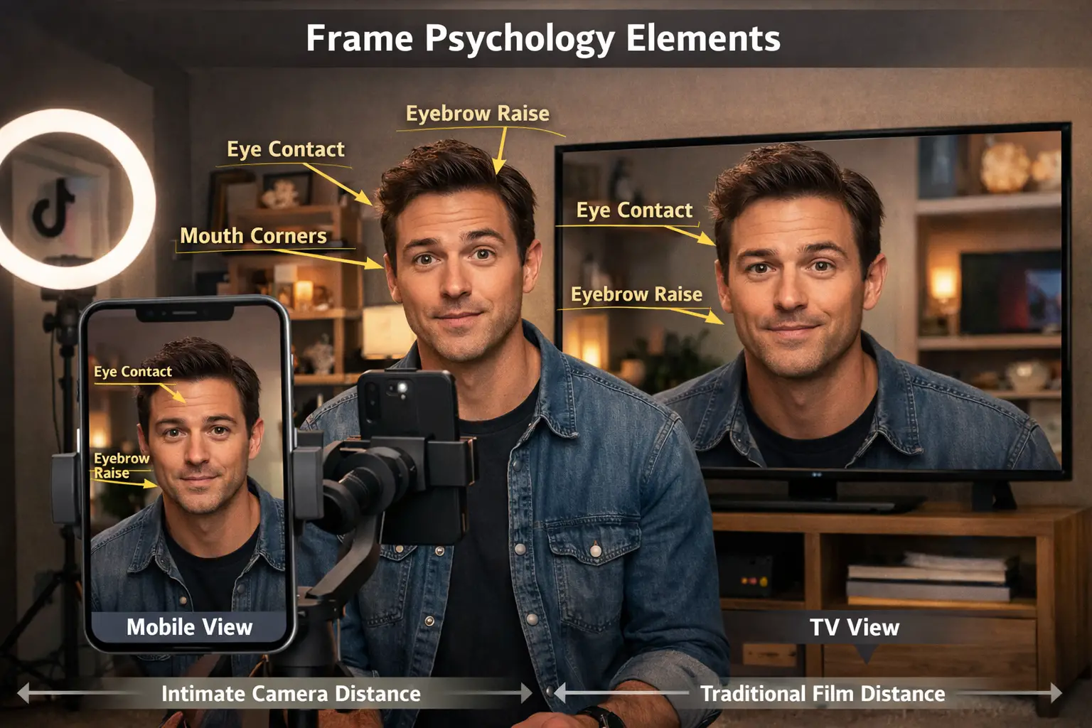 Landscape format (1536x1024) editorial image showing actor performing subtle micro-expressions in front of smartphone camera mounted on gimb