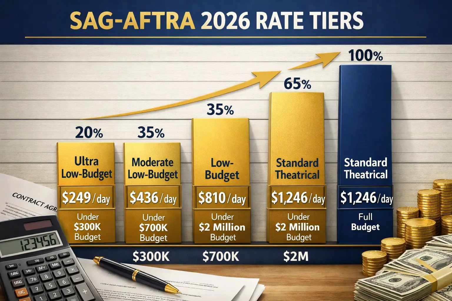 Landscape format (1536x1024) detailed infographic showing SAG-AFTRA 2026 rate tiers as ascending bar chart with dollar amounts clearly label