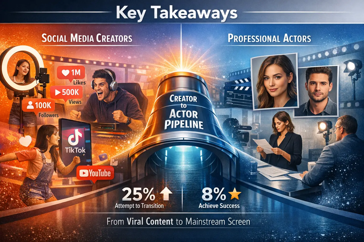 Key Takeaways section infographic: Cinematic split-screen visualization showing transformation from TikTok/YouTube creator personas to profe
