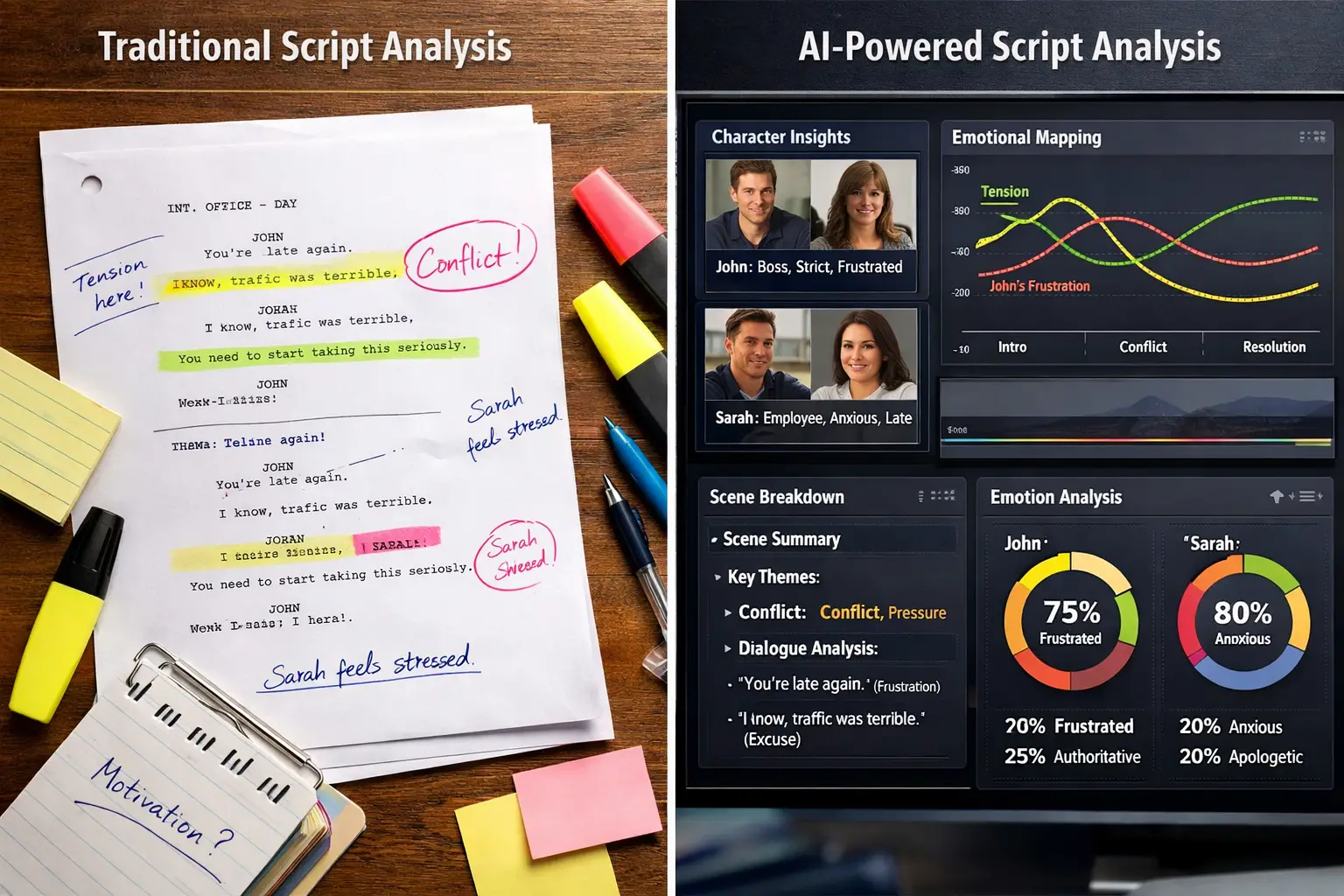 Split-screen comparison: traditional script analysis (paper, highlighters, notes) vs AI-powered analysis (digital interface, character insig