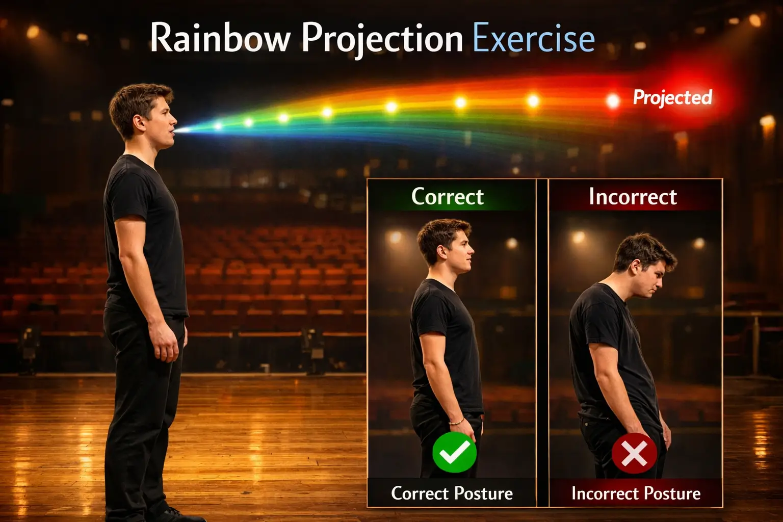 Landscape format (1536x1024) dynamic image of theater student in black rehearsal clothes standing in proper projection posture on wooden sta