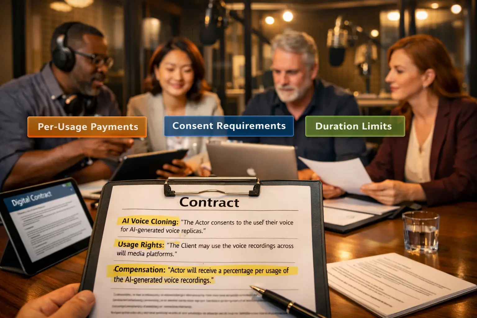 Landscape format (1536x1024) professional photograph of diverse voice actors reviewing contract documents at modern conference table with ta
