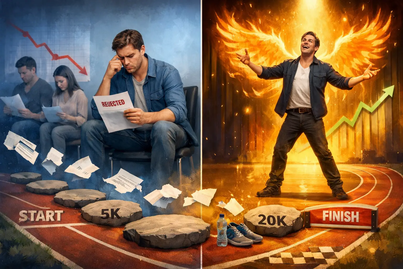 Landscape format (1536x1024) powerful conceptual image depicting resilience in theater with split-screen composition. Left side shows actor