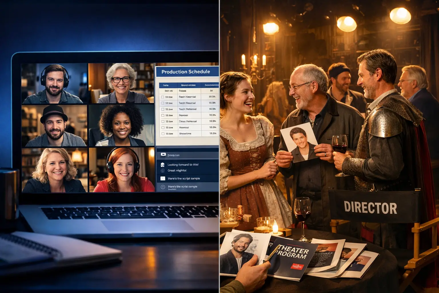 Landscape format (1536x1024) split-screen composition showing virtual and in-person theater networking. Left half displays laptop screen wit