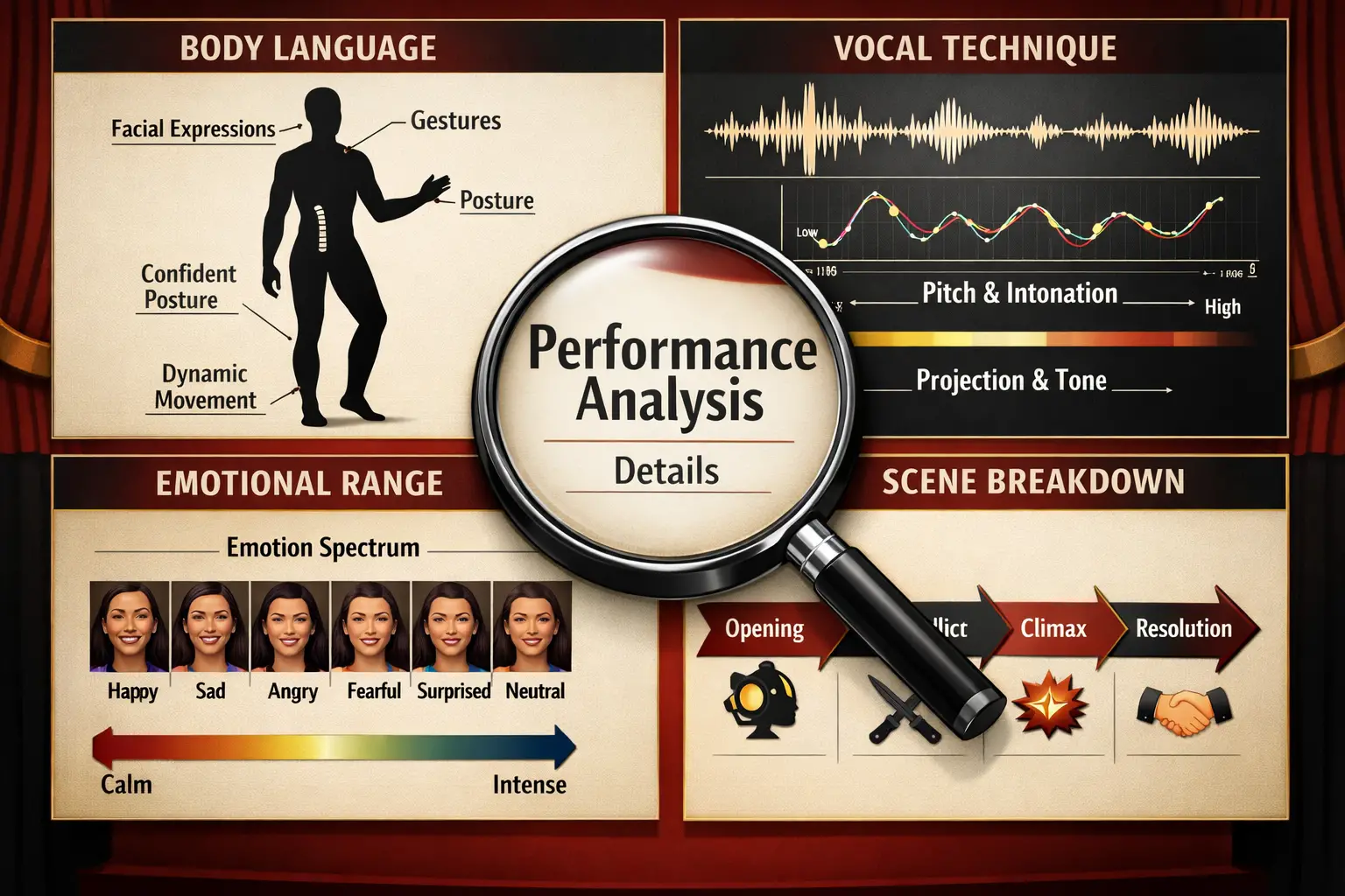 Landscape format (1536x1024) infographic-style image displaying four-quadrant breakdown of acting technique analysis: top-left shows body la