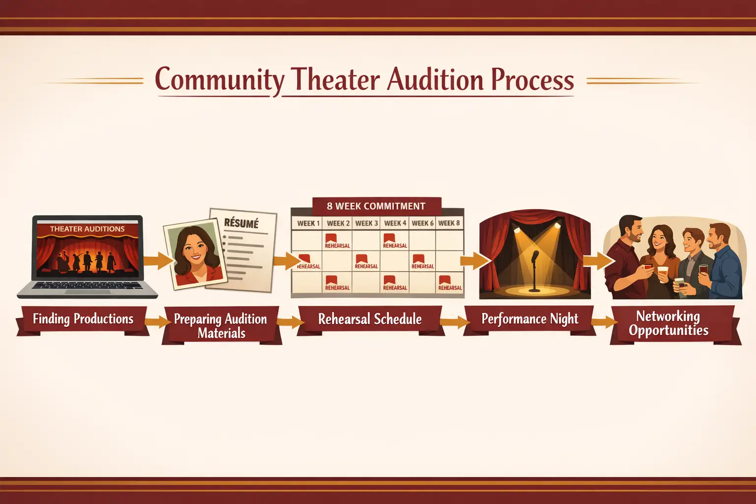 Landscape format (1536x1024) infographic-style image displaying community theater audition process flowchart with colorful connected stages: