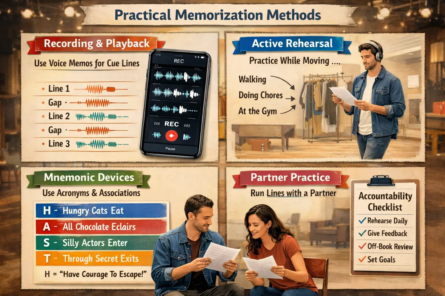 Landscape format (1536x1024) comprehensive visualization of practical memorization methods showing four distinct quadrants: top-left feature