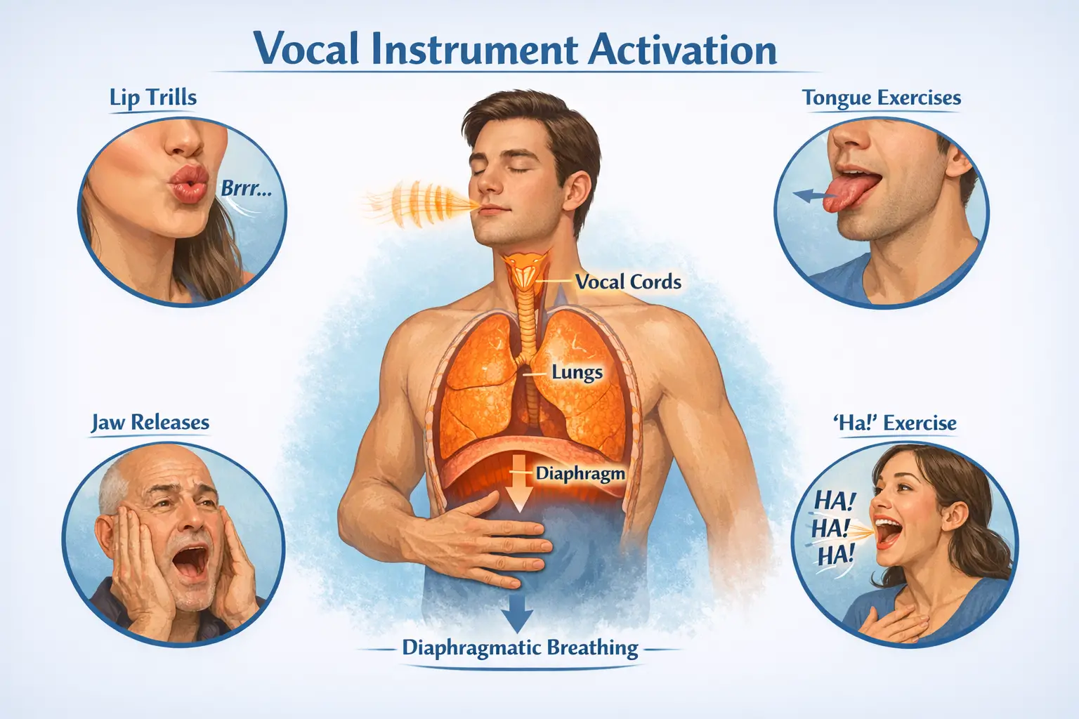 Landscape format (1536x1024) detailed illustration showing vocal warm-up techniques for actors. Central figure demonstrating diaphragmatic b