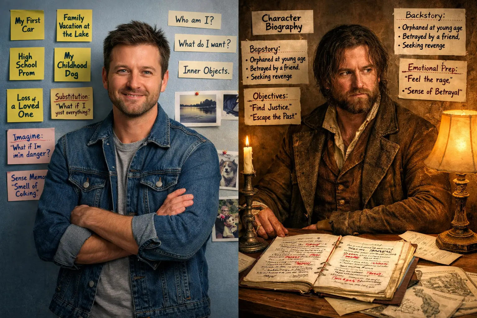 Landscape format (1536x1024) split-screen composition showing actor transformation: left side displays actor in modern casual clothes with s